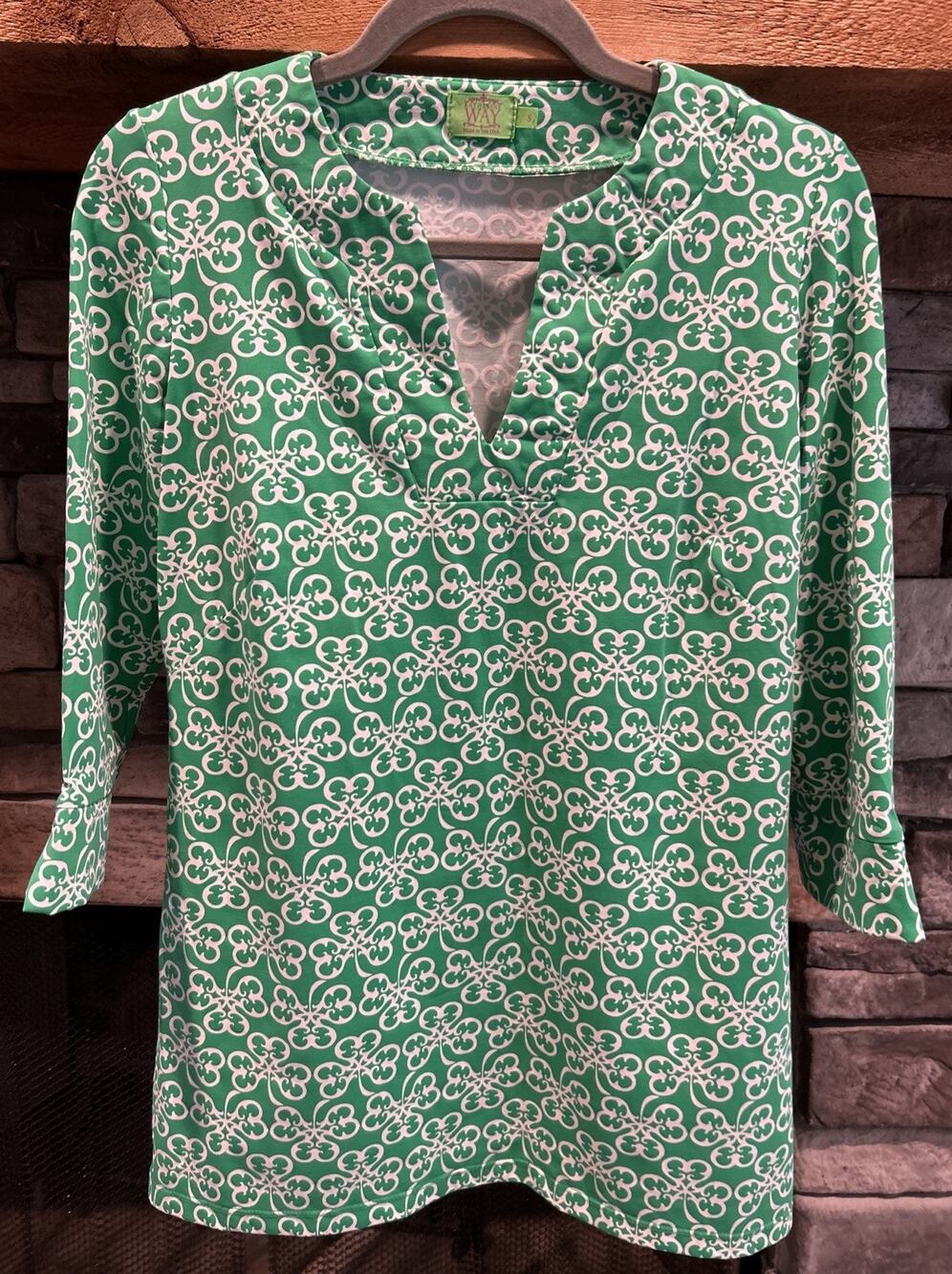 Women’s KATHERINE WAY Green/White Boca Tunic Top Blouse Size S *C1